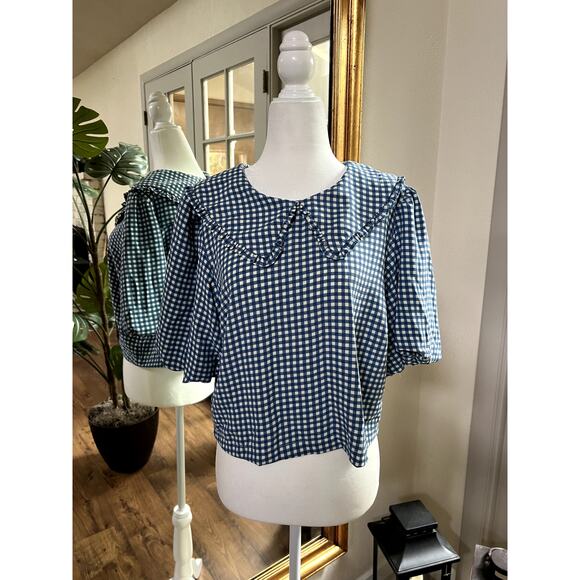Blue White Gingham Peter Pan Collar Ruffle Blouse Cottagecore RetroTop Sz XL - Picture 1 of 8